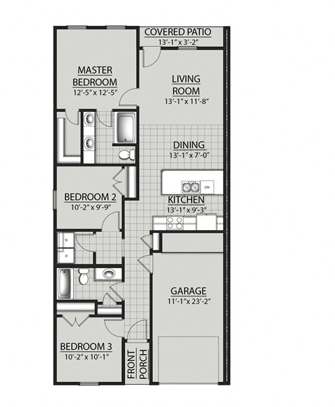 A floor plan of a house with a master bedroom, two additional bedrooms, a living room, dining room, kitchen, and a garage.